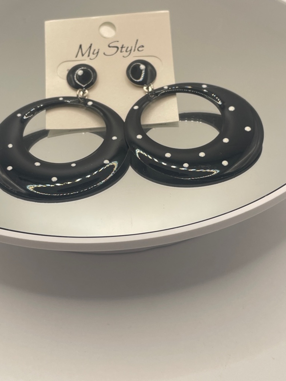 My Style Black Polka Dot Hoop Earrings post style metal 2.25” - Picture 2 of 6